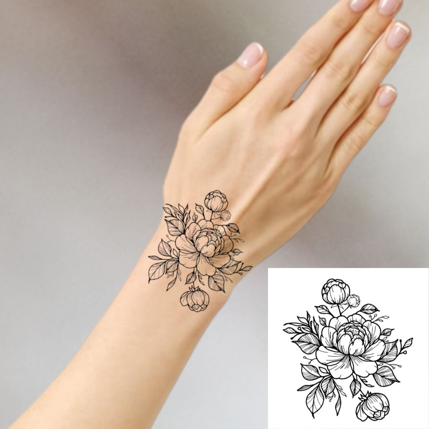 Peony Garden | Wrist Design | 100% Natural Semi-Permanent Jagua Gel Tattoo