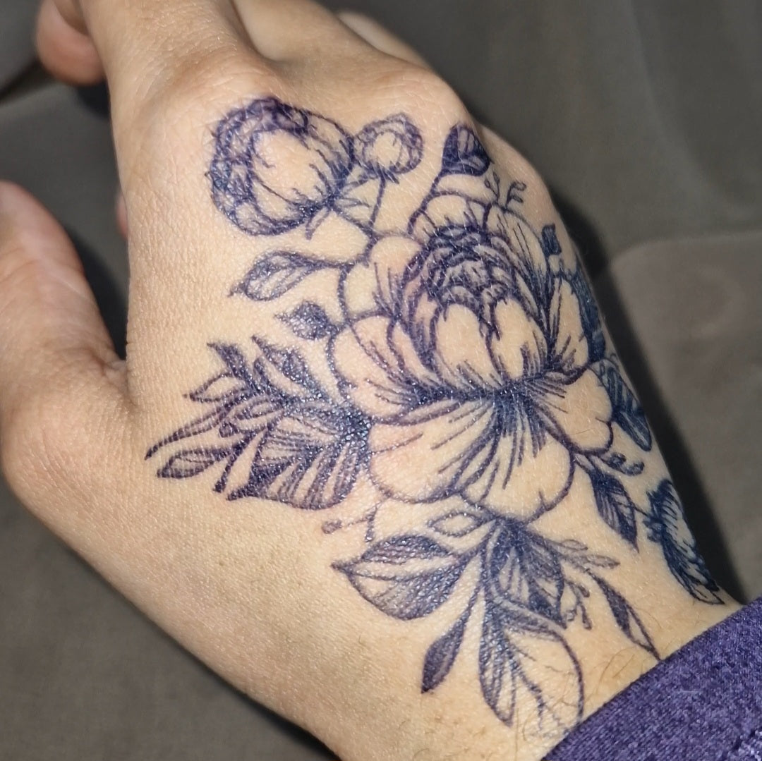 Peony Garden | Wrist Design | 100% Natural Semi-Permanent Jagua Gel Tattoo