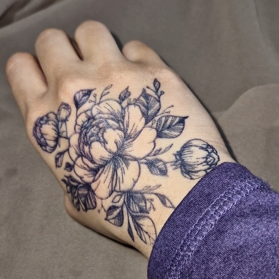Peony Garden | Wrist Design | 100% Natural Semi-Permanent Jagua Gel Tattoo