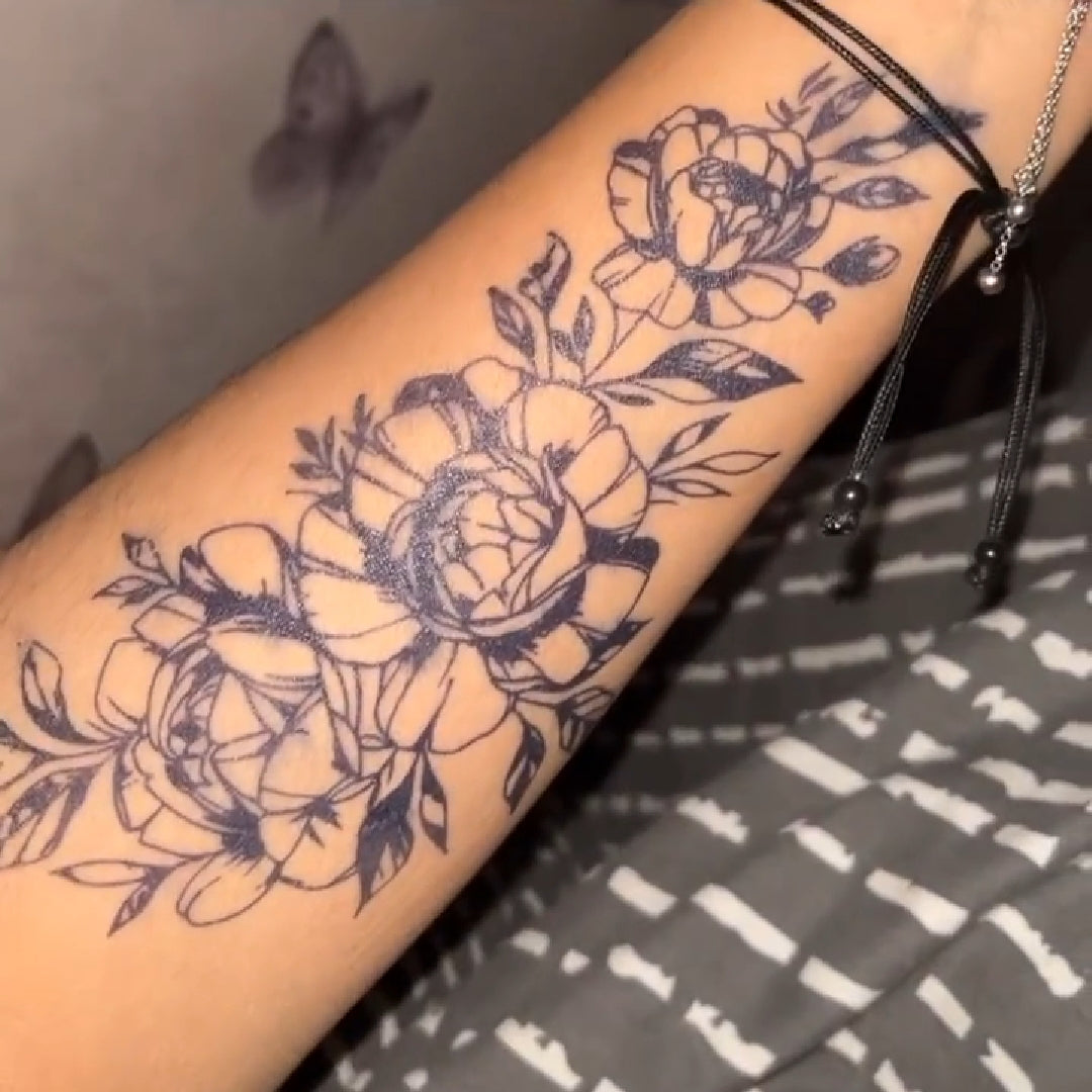 100% Natural Semi-Permanent Jagua Gel Tattoo | Peonies & Leaves II