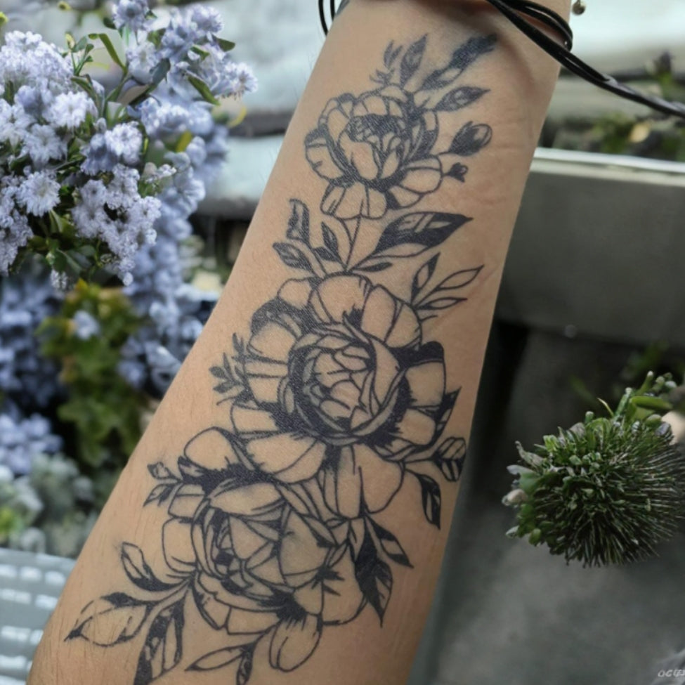 100% Natural Semi-Permanent Jagua Gel Tattoo | Peonies & Leaves II