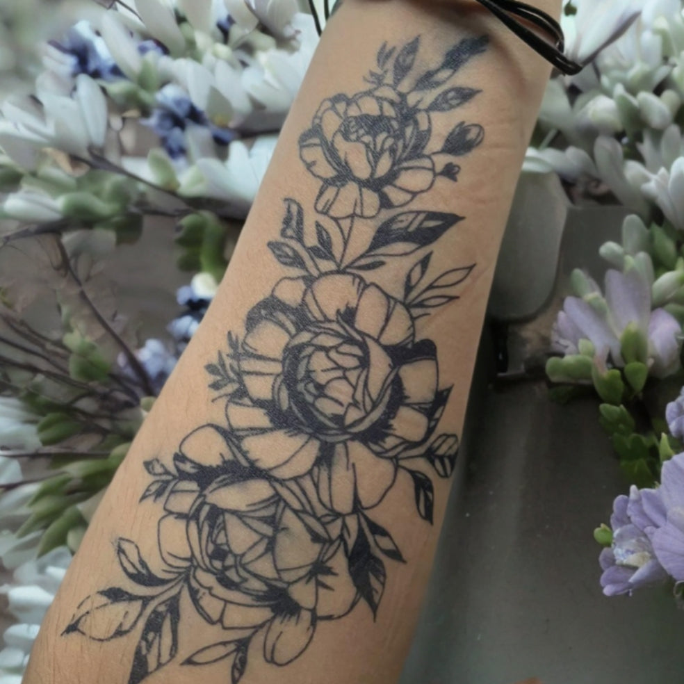 100% Natural Semi-Permanent Jagua Gel Tattoo | Peonies & Leaves II